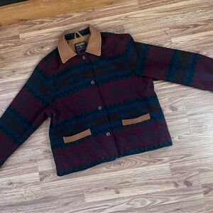 Woolrich Burgundy & Teal Patterned Wool Jacket with Tan Suede Trim